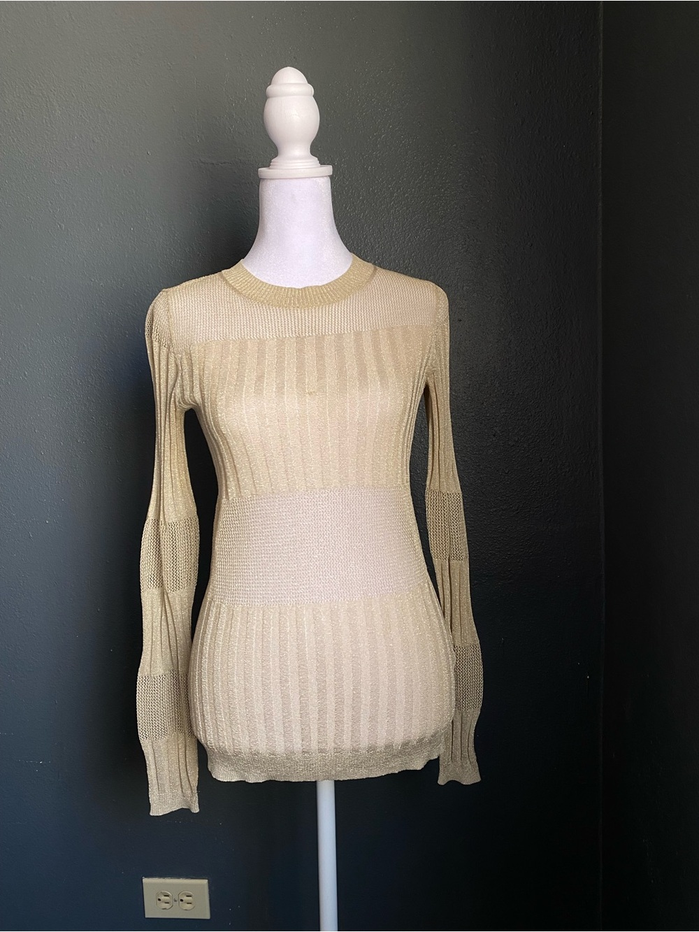 J Brand Andrea metallic Gold Ribbed Knit Sweater XS Semi Sheer Quiet Luxury Chic